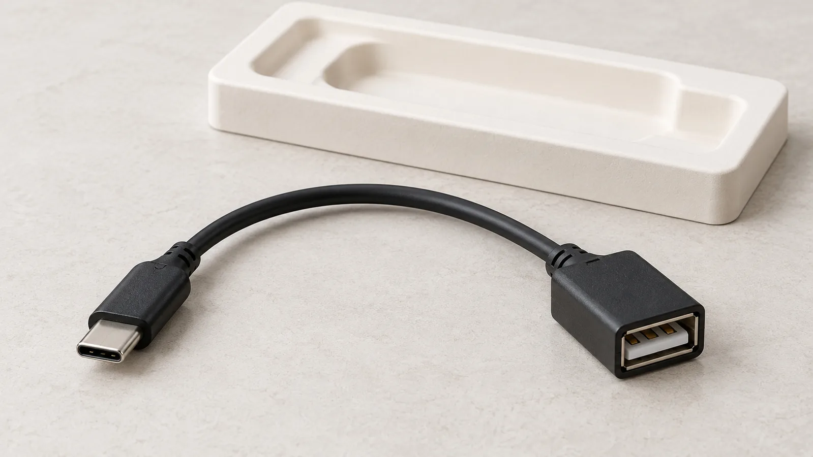 یک کابل آداپتور USB عمومی با هر دو انتهای کانکتور روی یک سطح بازرسی خنثی قابل مشاهده است